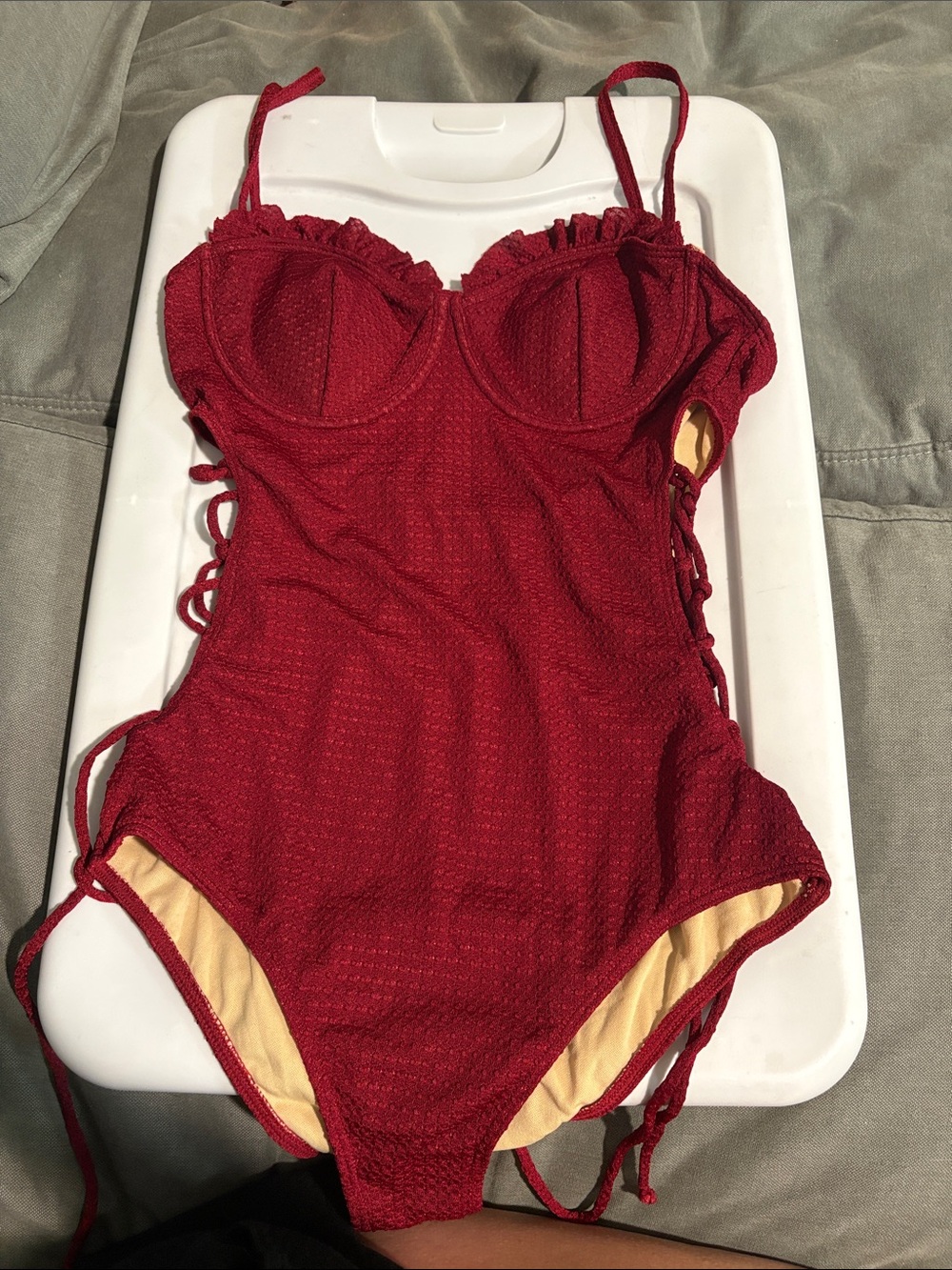 Women's Red Textured One-Piece Swimsuit with Lace-Up Sides